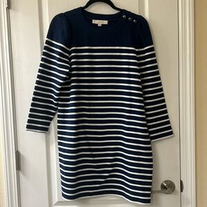 Loft navy blue & white striped mini dress above knee length crew neck MP petite